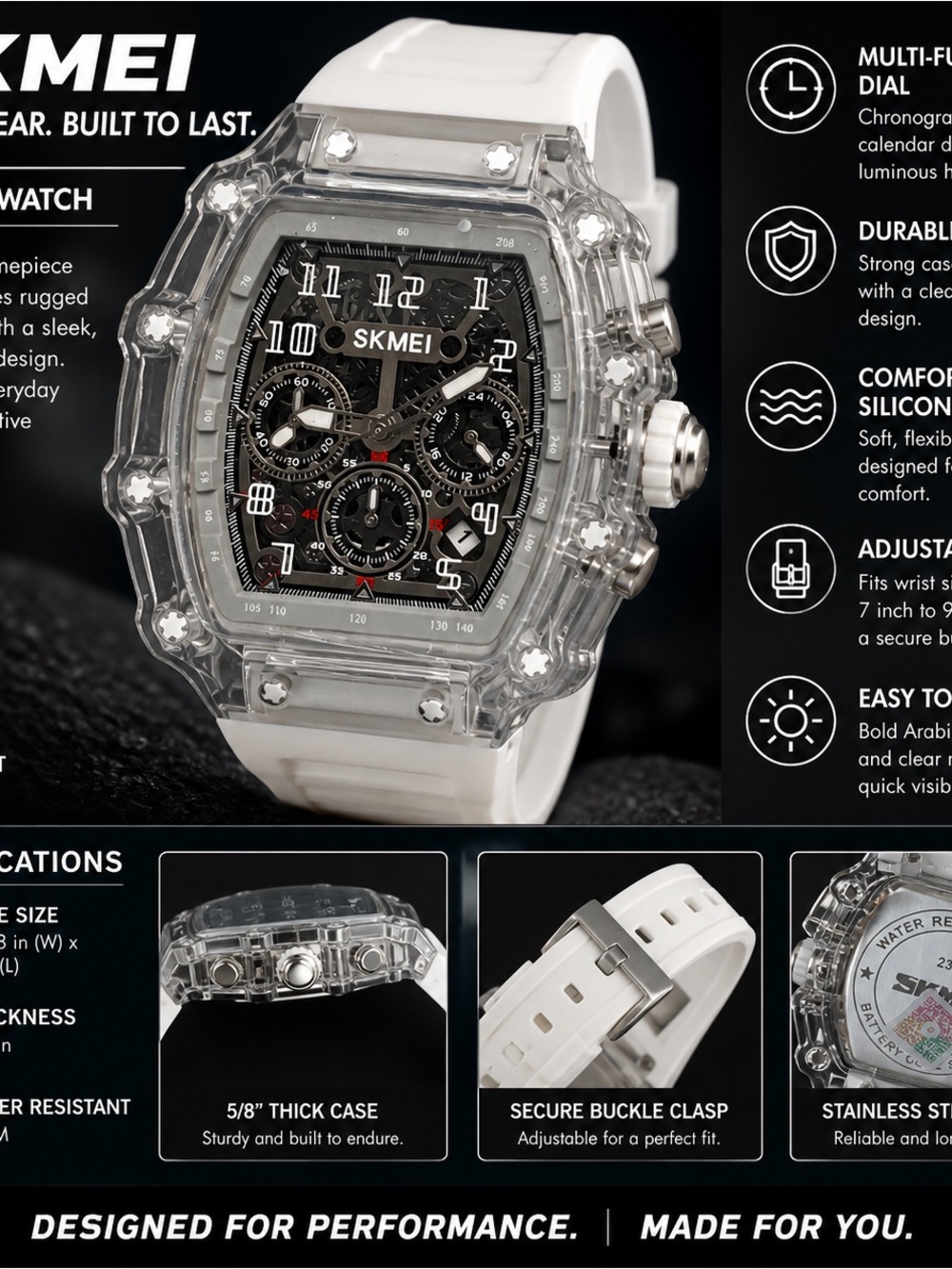 SKMEI White Transparent Sports Smartwatch with Silicone Band